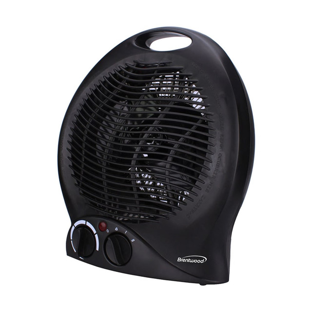 Make sure your space is warm with help from the Brentwood 1500-Watt 2-In-1 Fan Heater. This compact and portable heater features Low and High heat settings as well as a Fan mode and has a fully adjustable thermostat.  Works for rooms up to 150 sq ft.  3 settings include Fan, Low and High (up to 1500 watts).  Adjustable thermostat control to help you manage the heat as needed.  Cool-touch housing offers protection.  Carrying handle to bring it with you from room to room.  Tip-over protection and overheat protection with a safety fuse to permit safe operation.  Backed by the manufacturers 1-year limited warranty.