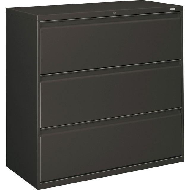 Drawers accommodate letter- or legal-size folders from side-to-side with included adjustable hangrails  Lateral file offers clean lines, reinforced case construction, dual side locks for security, and full-width, designer-style handles with magnetic label holders.  Baked enamel finish over rust-inhibiting, phosphate pretreatment adds more durability.  3-part, telescoping, ball-bearing suspension delivers smooth drawer operation.  Drawers are flush at the top and sides and feature drawer extension restraint.  Mechanical interlock allows only 1 drawer to open at a time.  Design also offers 4 adjustable leveling guides for stabilizing and HON One Key interchangeable core, removable locks. Lock mechanism secures both sides of drawers.  Radius Pull  Lockable  Removable Lock  Heavy Duty  BIFMA level 2 certified - reduced impact from multiple eco-attributes and/or social attributes. Ranked in three tiers: level 1, 2, or 3.  SCS Indoor Advantage certified - meets strict indoor air quality guidelines. Ranked in two tiers: Certified and Gold.  Tested to meet ANSI/BIFMA Performance Standards - Manufacturer testing has been conducted on this product to meet specific performance requirements and safety standards set forth by the American National Standards Institute (ANSI) and the Business and Institutional Furniture Manufacturers.  This product is heavy and/or oversized and may need more than one person to handle.  Less harsh chemicals - made with fewer harsh chemicals, or safer chemicals than typical alternatives, helping  reduce your use of and exposure to substances that may be more harmful to your health and the environment.  Contains Recycled Content - See Specs for Details.