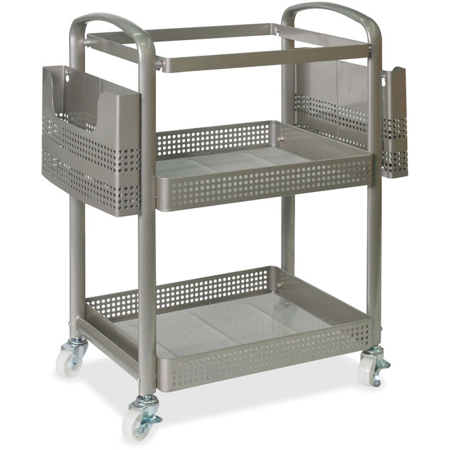 The Lorell mobile file cart can hold both letter- and legal-sized hanging folders to help keep you organized. This mobile metal file cart in champagne has a metal frame for security and strength.  Main compartment holds either letter-size or legal-size hanging folders.  Side pockets offer easy-to-access location to keep important items.  Heavy-duty metal frame securely stores large amount of supplies.  Smooth-rolling casters glide across floors for effortless mobility.  Bottom mesh tray offers convenient storage option for larger items
