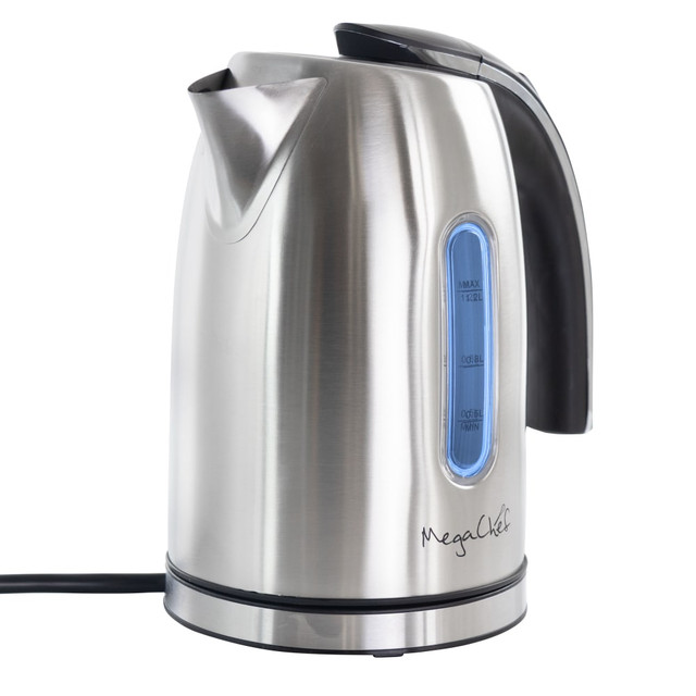 Brew a cup of your favorite tea or pour-over coffee with the MegaChef 1.7-Liter Stainless Steel Electric Tea Kettle. An electric design quickly heats water for short wait times.  Durable stainless steel construction.  Electric design heats water quickly.  Not dishwasher safe.  Backed by the manufacturer's 1-year limited warranty.