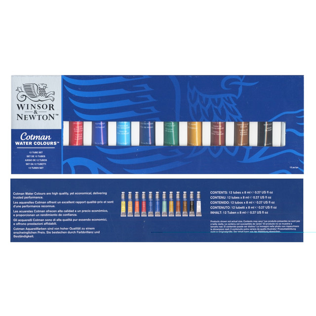 Use to create your own watercolor paintings  Features good transparency and excellent tinting strength and working properties.  Comes in 0.27-oz tubes for easy application.  Includes a color chart and a Watercolor Tips & Techniques leaflet.  Set of 12 includes alizarin crimson hue, burnt sienna, burnt umber, cadmium red pale hue, cadmium yellow hue, cerulean blue hue, Chinese white, ivory black, Prussian blue, ultramarine, viridian hue and yellow ochre.