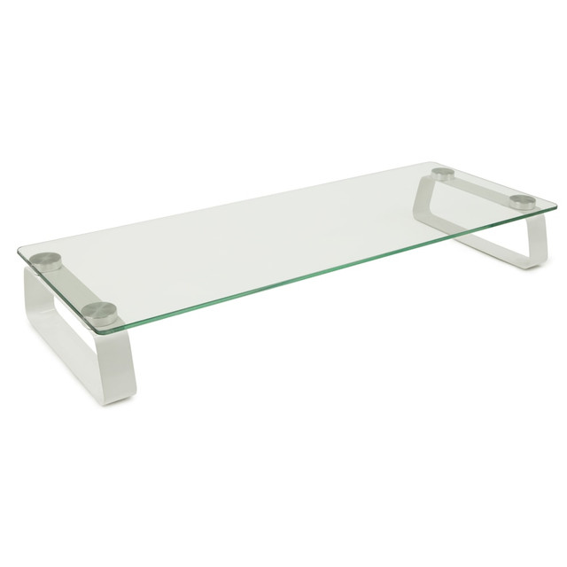 Elevate your monitor with this Mount-It glass riser. The glass design provides ample support without sacrificing style.  Elevates displays by 2.75 inches  Premium Aluminum legs and 5 mm thick plate glass  Overall assembly measures 22 inches wide and 8.3 inches deep  44 Lbs Capacity  Supported by Limited Lifetime Warranty
