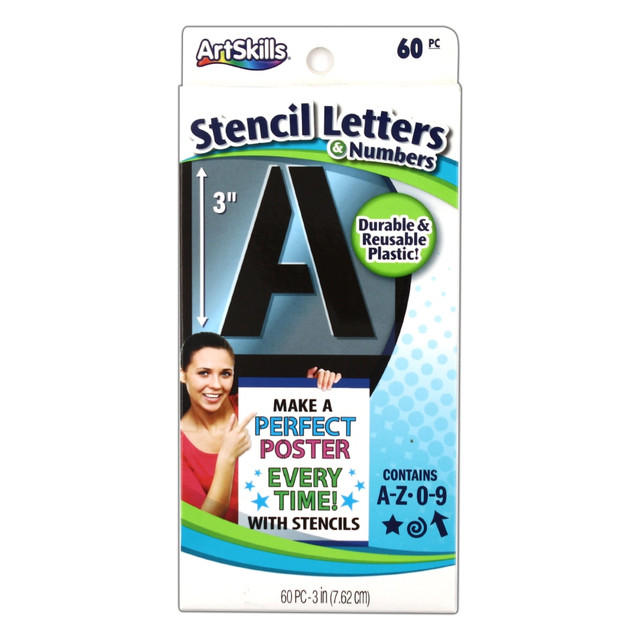 Perfect for classroom posters and household craft projects!  Reusable design makes the kit great for classrooms.  Includes letters, numbers and shapes.  Create crisp, clean messages and designs.  Kit includes letters, numbers, punctuation and shapes on 60 plastic stencils.