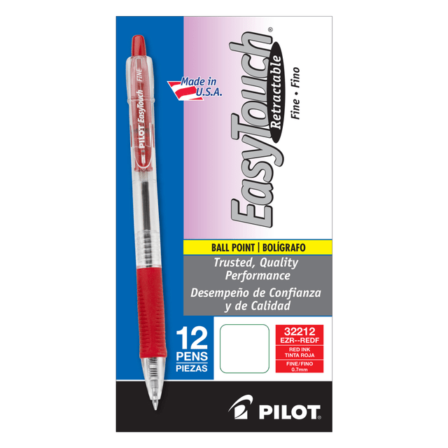 These Pilot pens are perfect for taking notes in class! The fine-point pens red ink flows smoothly and dries quickly to help prevent smudging or blurring.  Contoured rubber grip is ridged for more comfort and control.  Features retractable tip to preserve the ink and prevent unwanted staining on your clothes or bag.  EasyTouch pens are refillable for continued use.  Red gel pens are perfect for making corrections and notes.  Refillable - designed to be used repeatedly, helping you avoid single-use disposables and potentially save money.