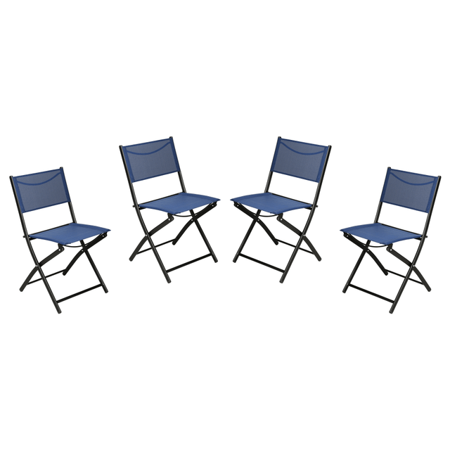 Bring stylish seating to your backyard, patio, or porch with this set of four commercial grade, flexible, comfortable, and reliable outdoor folding chairs.  Set of Four Commercial Grade Outdoor Folding Chairs  Available in Multiple Colors  Breathable, Rip-Resistant Textilene Seats and Backs for Flexibility and Comfort  Versatile Style for Patio, Backyard, Porch, or Deck at Home, or Restaurant, Bar, Bistro, or Cafe  Portable and Foldable for Easy Carrying and Movement  Weather and Rust-Resistant, Quick to Dry  Sturdy Steel Frame Holds up to 300 lbs. Static Weight  No Assembly Required  Cleans Easily With Water and Neutral Cleaner