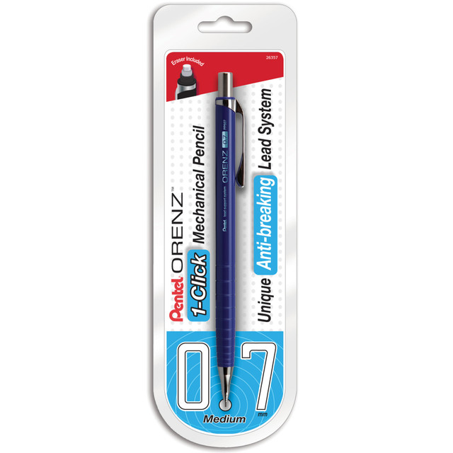 Stay sharp on the job with this Pentel Orenz mechanical pencil. The unique Super Sliding Sleeve keeps your lead protected so it doesnT break mid-sentence, and the 1-Click advancement keeps the pencil ready to write with a touch. Compatibility with HB refills provides a reliable testing option. With a built-in pocket clip and an included eraser, this Pentel Orenz mechanical pencil is ideal for work or school.  HB lead pencils create a dark, easy-to-read line.  Compatible with HB refills for extended use.  1-Click advancement supports effortless function.  Backed by manufacturers limited lifetime warranty.  B lead blue pencils create a dark, easy-to-read line.  Refillable - designed to be used repeatedly, helping you avoid single-use disposables and potentially save money.