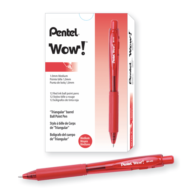 A unique, triangular barrel makes the WOW! pens easy to hold, so you can write quickly, whether you are scribbling notes or whipping up a grocery list. Simply retract the tip and clip these Pentel pens to your pocket for effortless portability.  Enjoy comfortable writing thanks to the unique barrel shape and grip area.  1.0 mm medium point is ideal for a variety of tasks.  Retractable tip saves ink and helps prevent accidental markings.  Pocket clip provides hands-free portability.  Includes a pack of transparent pens with red ink.