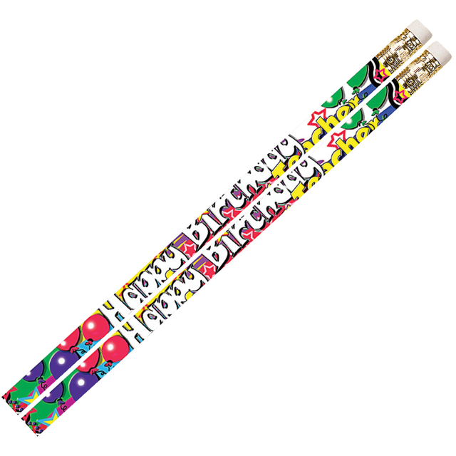 Complete tests and homework assignments with a sturdy Musgrave wood pencil. These Musgrave motivational pencils are great rewards for students that demonstrate positive values or for classroom celebrations.  No. 2 lead helps you create solid marks that are easy to read.  Smooth eraser lets you cleanly remove mistakes.  Round wood construction with a metal ferrule lends a sturdy feel.  Birthday design lets you celebrate a students special day.