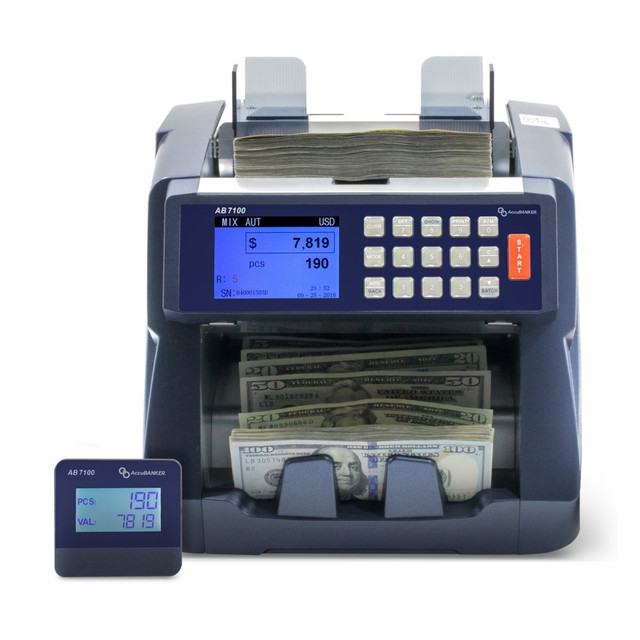 Keep your business on track with an AccuBanker AB7100 Enterprise Mixed Bill Value Counter. This powerful machine counts a stack of mixed value bills, sorts them and provides a total value for the bills counted.  Counts and sorts mixed denominations of bills.  Boasts 5 counterfeit and security features: Ultraviolet (UV), Magnetic Ink (MG), Magnetic Thread (MT), Infrared (IR) and Dimension Detection (DD).  Includes 4 operating modes: Count, Mix, Sort and Local.  Variable counting speeds up to 1,200 bills per minute.  Front loading design.  Counting machine shows a detailed breakdown of final count results.  Adding feature provides an automatic grand total of the current count.  Features visual and audible alerts when double bills, suspicious bill sizes and chained bills are detected.  Customizable batch selection.  Choose from automatic and manual start modes.  Bill counter boasts a high-resolution 3in full-color LCD display.  Currency counter recognizes and records serial numbers of bills.  Count and Local operating modes can be used for a simple bill count of other currencies that are not programed.  Compatible with paper and polymer bills.  Large hopper capacity of 400 bills. Includes AccuClips,?which extends the hopper capacity up to 800 bills.  Easy software update procedure is available when new bills are released.  Integrated Contact Image Sensor (CIS).  Offers PC connection?and integration with ABCashroom Pro applications.  CE certified and NOM certified.