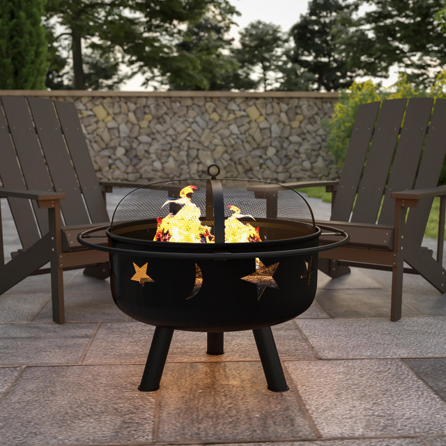 Kick back and relax with the Flash Furniture Round Wood Burning Firepit With Mesh Spark Screen. The firepit is made of iron for strength and durability, and it has hi-temperature paint to preserve the finish. The mesh spark prevention cover ensures safe usage.  7in deep bowl.  Hi-Temperature paint helps preserve the finish.  Mesh spark prevention cover ensures safe usage.  Star and moon ventilation cutouts.  Made of iron for strength and durability.  Clean exterior with a mild dishwashing detergent or citrus-based degreaser and nylon scrub brush.  Backed by the manufacturer's 1-year limited warranty.