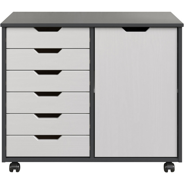 Store office supplies in the Trendfurn Omnia 1-Door Roll Cart. Built with 6 drawers and a cabinet, this cart has plenty of space to store printer paper, ink cartridges and pads. The cart is made from solid pine wood for durability, and the locking casters offer convenient mobility around the office.  Made from solid pine wood for lasting use.  6 drawers and 1 cabinet provide storage space.  Locking casters offer mobility and stability.  Drawer slides include stoppers to keep drawers from being pulled out.  Weight capacity tested to support 44 lb (top) and 7 lb (per drawer).  Assembly required.  Backed by the manufacturer's 1-year limited warranty.