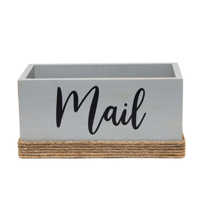 Keep your space organized with the Elegant Designs Homewood Farmhouse Rustic Wood Decorative Mail Holder. The open top accommodates a variety of standard-size letters, files and documents to keep your desktop clutter-free.  Made from 100% wood.  Bottom border features a rope-wrapped design.  Open top mail box accommodates standard-size letters, files and documents.  Features a "Mail" script centered across the front.  Weight capacity tested to support 13 lb.  Save time - no assembly required.