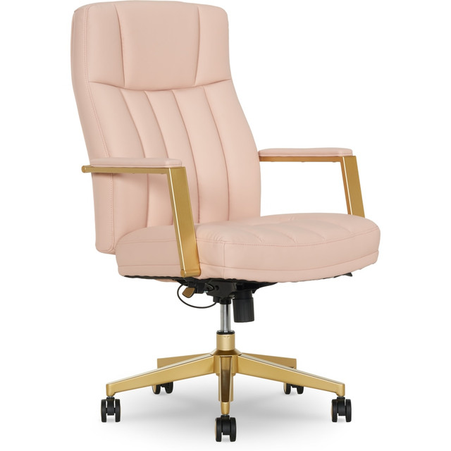 Stay comfortable throughout the workday while seated in the Thomasville Lyndale Ergonomic Faux Leather Mid-Back Office Chair. Pillow-like cushions and a curved lumbar offer ample support to help prevent muscle aches and fatigue. Utilize height and tilt adjustments to find your ideal working position.  Ergonomic office chair provides comfort throughout the day.  Recommended for performance use 6-8 hours per day.  Weight capacity tested to support 275 lb.  Overall Dimensions: 43-3/4inH x 26-3/4inW x 28-3/4inD.  Mid-back design.  Upholstered in PureSoft polyurethane faux leather for a soft feel.  Curved lumbar offers lasting support.  Equipped with pillow-like cushions.  Adjustable office chair boasts pneumatic height and tilt tension lockout controls.  Arms feature comfortable padding.  Sturdy metal base.  Swivel 360 deg. mobility casters are intended for use on carpet. Not recommended for use on tile or hardwood floors.  Assembly required.  Backed by the manufacturer's 10-year limited warranty.  ANSI/BIFMA Compliant - This product has been tested and verified for compliance with rigorous performance requirements and safety standards related to specific furniture products.  Tested to meet ANSI/BIFMA Performance Standards - Manufacturer testing has been conducted on this product to meet specific performance requirements and safety standards set forth by the American National Standards Institute (ANSI) and the Business and Institutional Furniture Manufacturers.  Faux Leather is a synthetic material. See specs for details.