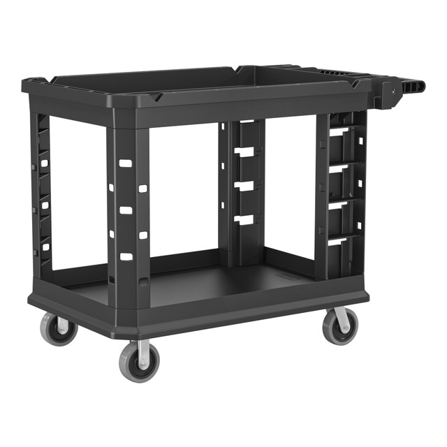 Make taking items from Point A to Point B easier and more efficient with this utility cart. With hanging areas and shelving, you will be able to transport a large quantity of items at once.  Shelves at the top and base let you transport a variety of items.  Crafted from heavy-duty structural foam for lasting use.  Utility rail on the top platform lets you hang tools and other items.  Adjustable handle allows easy maneuverability.  Wheels include 2 locking casters for secure placement.  Weight capacity tested to support 500 lb.  Assembly required.