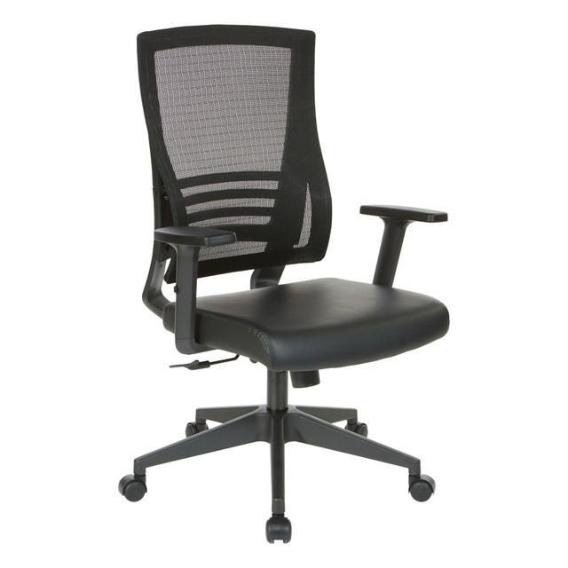 Bring professional aesthetics and everyday comfort to your workspace with the Office Star Work Smart Faux Leather Screen-Back Manager Chair. Moving from task to task feels effortless with a rolling, swiveling seat and flip-up arm rests, and everyday strains are kept at a minimum thanks to built-in lumbar support and a waterfall-style cushion. Thanks to the faux leather upholstery, this desk chair offers a look that mirrors the sleek, modern appearance of your office.  Weight capacity tested to support 250 lb.  Screen backrest with lumbar support.  Faux leather seat with waterfall cushion.  Swiveling seat with height adjustment.  Padded, flip-up arm rests.  Rolling base.  Assembly required.  Black nylon base.  Faux Leather is a synthetic material. See specs for details.