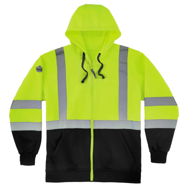 Enjoy all-day warmth with this Ergodyne GloWear hoodie. From road construction to ice fishing, this reflective hoodie is great for chilly areas where visibility is a must.  Helps you stay visible on the job and during recreational activities.  Made of polar fleece with a 100% Oxford polyester lining.  Slash pockets make it easy to keep small items on hand.  Hood has a drawstring closure for adjustability.  Elastic cuffs and hem seal in body heat.  Full-zip closure allows easy on and off.  Reflective detailing along the torso, shoulders and sleeves help ensure you are easily seen by others in low-visibility conditions.  Meets ANSI/ISEA 107-2015 Type-R Class 3 standards.