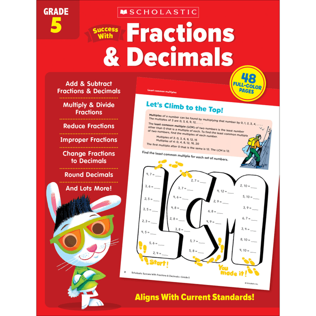 Packed with fun and interactive lessons, the Scholastic Success With Fractions & Decimals Workbook is great for classroom or at-home learning. The workbook helps teach and strengthen skills revolving around fractions, decimals and their relationship to 1 another.  Helps children develop and hone key skills, including adding and subtracting fractions and decimals, rounding decimals, reducing fractions, changing fractions to decimals and more.  Targeted practice for grade-specific learning.  Book contains 48 full-color, ready-to-reproduce pages with fun activities.