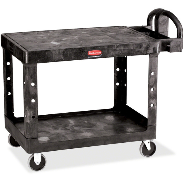 Flat shelf utility cart is perfect for transporting materials, supplies and heavy loads in almost any environment.  Two versatile flat shelves are designed for transport of bulky items.  Ergonomic push handle provides optimum hand placement and push height, improving control and worker safety.  Use molded-in storage compartments, holsters, hooks and notches to carry loads with more safety and efficiency.  Cart also features molded-in customizable fittings and easy-access bottom shelf.  High-density, structural resin construction resists rust and corrosion.  Best-in-class casters meet the most demanding environments.  Weight capacity is 500 lb with a 250 lb capacity for each shelf.