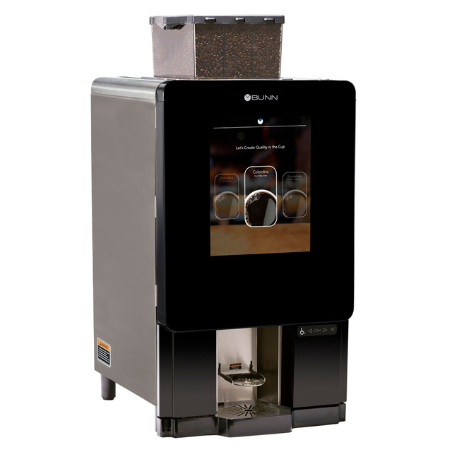 Provide the perfect cup of coffee every time with minimal hassle thanks to this efficient and programmable coffeemaker. Its capable of brewing fresh coffee by grinding the beans itself before brewing and creates a variety of cup sizes, ranging from 6-oz cups up to 24-oz cups, as well as 64-oz carafes when serving a large group.  Programmable coffeemaker is capable of serving single cup sizes from 6 to 24 oz or filling a 64-oz carafe for easily serving a group of people.  Grinds and brews coffee beans for the freshest coffee available. Capable of brewing hot and iced coffee as well as 2 cafe-style beverages.  Features 2 powder options.  Customize the 17in touch-screen display to show your unique brand design for your business, or display recipe images, names and descriptors.  Air Infusion extraction control provides consistent, balanced cups of coffee every time.  Black and stainless steel look offers a cool, sleek design.  Includes 5 hoppers. Two 5-lb powder hoppers, two 3-lb bean hoppers and one 2-lb bean hopper allow for your choice of brewed coffee.  17in screen is capable of running promotional videos, drink selection graphics and picture-based cleaning instructions.  Backed by the manufacturers 1-year limited warranty.  This product is heavy and/or oversized and may need more than one person to handle.