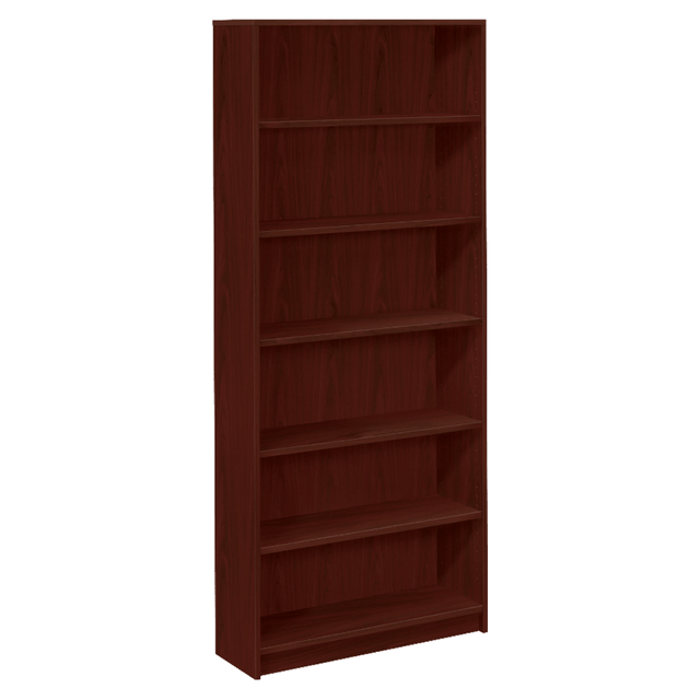 Six-shelf laminate bookcase features a square-edge profile and hardboard back panel. All surfaces (except outside of back) are finished in abrasion-resistant, thermal-fused, Mahogany laminate over solid-core, high-density particleboard. Four of the 3/4in thick shelves are adjustable in 1-1/4in increments.  Simple design coordinates with HON 10500, Valido, Voi and Attune laminate desk collections  Precision-engineered European fasteners and wood dowels create a sturdy, long-lasting cabinet  Scratch-resistant, spill-resistant and stain-resistant laminate withstands heavy use  2 fixed-position shelves  all others adjust in 1-1/4in increments  Backed by the HON Full Lifetime Warranty  HON 1870-Series laminate bookcase with 6 shelves is adjustable, so you can display a wide variety of items. The HON 1870-Series laminate mahogany adjustable bookcase features shelves that are 3/4in thick and adjust in 1 1/4in increments.  HON 1870-Series laminate adjustable bookcase in mahogany offers optional doors for concealed storage (sold separately). This HON 1870-Series laminate bookcase includes 6 shelves with 4 adjustable shelves.  BIFMA level 2 certified - reduced impact from multiple eco-attributes and/or social attributes. Ranked in three tiers: level 1, 2, or 3.  SCS Indoor Advantage certified - meets strict indoor air quality guidelines. Ranked in two tiers: Certified and Gold.  Less harsh chemicals - made with fewer harsh chemicals, or safer chemicals than typical alternatives, helping  reduce your use of and exposure to substances that may be more harmful to your health and the environment.  Contains Recycled Content - See Specs for Details.