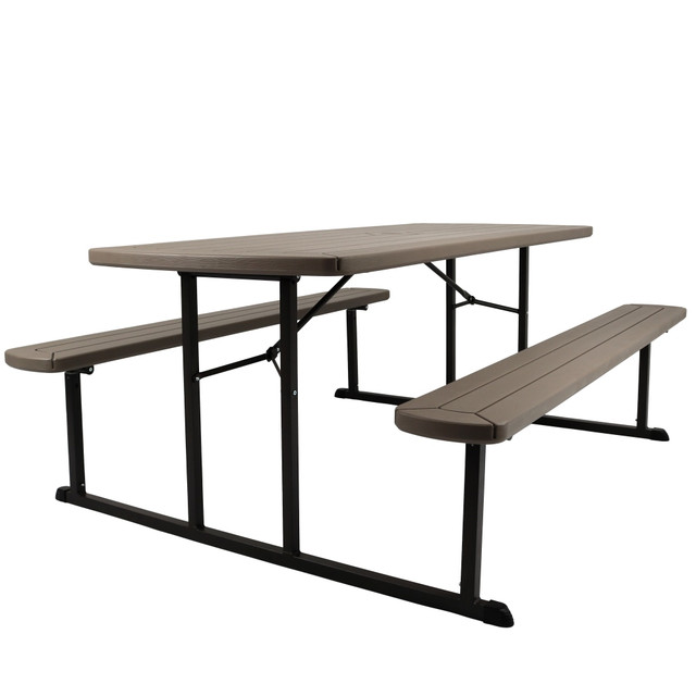 Elevate your next outdoor gathering with a National Public Seating Blow-Molded Plastic Folding Picnic Table. This cozy table is made from heat-resistant plastic for lasting use. Integrated bench seating gives guests room to stretch out.  Made from durable heat-resistant plastic.  Built-in benches allow convenient seating.  Features an umbrella hole with with cover for umbrella placement.  Folds flat to 3in height for storage when not in use.  Assembly required.  Backed by the manufacturer's 10-year limited warranty.  This product is heavy and/or oversized and may need more than one person to handle.