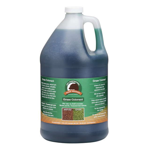 Restore the vivid color of old, faded grass using Just Scentsational Green Up Concentrate Grass Colorant. It dries quickly and is water-resistant when dry to help prevent fading.  Colors brown grass to a lush green.  Dries quickly. Water-resistant when dry.  Will not fade or turn blue after application.  Safe for use on all types of grass and turf.  Mix with up to 10 parts of water.