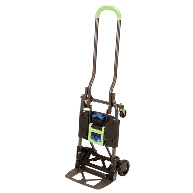 Moving heavy supplies around your facility can be time consuming, but this hand truck makes it easy to move large loads from area to area quickly and easily. The versatile design allows you to transport just about anything that is in the storage area or supply closet.  Rugged metal construction is made to endure heavy use.  Four 5in wheels offer easy movement from area to area.  Vertical loop handle is easy to push and steer.  Designed to handle loads up to 300 lb.  Converts easily from the flat storage position to a 2-wheel upright hand truck or a 4-wheel cart with no pins or tools needed.  Folds flat for easy storage after use.  Save time - no assembly required.  Backed by the manufacturers 5-year limited warranty.