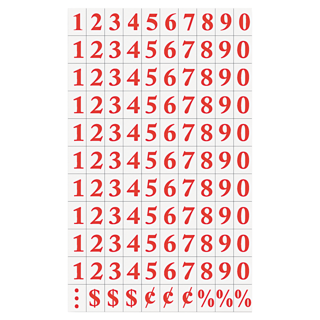 Use on any magnetic surface  Features magnetic surface on one side, with a sticky vinyl adhesive on the other side.  Quickly and easily arrange information when changes are necessary.  Set of 1 to 10 (10 of each) and $, cents, % and decimal points (3 of each).