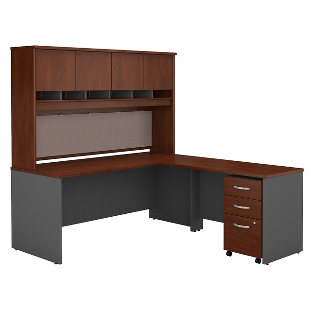 Make a professional statement with the clean lines and style of the Series C Collection. Spread out with your computer, phone, paperwork and more on roomy work surfaces. Keep organized with the convenient 3 Drawer Mobile File Cabinet that rolls neatly under the desk surface.  Thermally fused laminate work surface, rugged edge banding and sturdy end panels fend off scratches and damage.  L Shaped Desk design provides expansive work surfaces without taking up much floor space.  Mobile File Cabinet rolls wherever you need it, and a single lock secures the lower 2 drawers.  2 box drawers store office supplies, while a full-extension file drawer accepts letter, legal and A4 documents.  Worksurface weight capacity tested to support 200 lb.  File drawer weight capacity tested to support 37 lb.  Commercial quality backed by the Bush Business Furniture 10-Year Warranty. For additional information, please visit: www.bushbusinessfurniture.com/ReturnsExchanges  Bundle includes: 72inW x 30inD Desk, 48inW Return, 72inW 4 Door Hutch, 3 Drawer Mobile File Cabinet.  Assembled Dimensions: 71inW x 77inD x 72 7/9inH  Assembly Required.  Standard Delivery Service. Furniture is delivered unassembled.  This product is heavy and/or oversized and may need more than one person to handle.