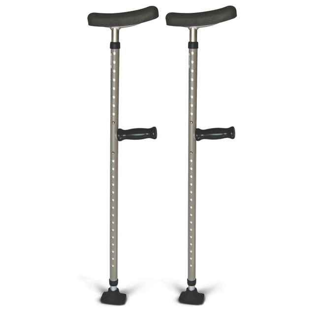 Allow your patients to remain mobile while they recover with the Medline Single-Tube Crutches. The single-tube metal crutches are outfitted with large tips to help ensure stability while walking.  Crafted from steel for rugged durability.  Large tip helps ensure optimal surface contact for stability.  Wide rubber grip provides a comfortable hold.  Weight capacity tested to support 400 lb.  Backed by the manufacturers limited lifetime warranty.  Comes with 8 pairs of crutches.
