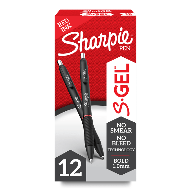The impact of Sharpie is now in a gel pen with the Sharpie S-Gel! The must-have gel pen features no smear, no smudge, no bleed technology-leaving only your best work behind. The specially formulated ink glides effortlessly across the page and delivers always-vivid writing. It"s a high-performance gel pen with a sleek, professional look that makes it a writing instrument you wonT want to loan out. And the contoured rubber grip makes for comfortable writing during any task. Nothing feels as smooth as putting pen to paper with Sharpie S-Gel!  Always smooth gel pens with no smear, no smudge, no bleed technology  Intensely bold gel ink colors offer always vivid writing  Contoured rubber grip for a comfortable writing experience  Sleek, contoured body for a professional look  Gel pen with no smear, no bleed technology  Bold Point (1.0mm)  Includes 12 red gel ink pens  Refillable - designed to be used repeatedly, helping you avoid single-use disposables and potentially save money.