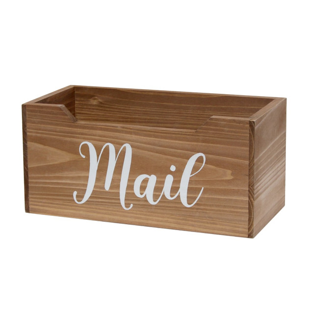 Keep mail organized neatly within the Elegant Designs Tabletop Decorative Script Word Organizer Box. This durable wooden box holds up to 900 pieces of mail at once.  Made from durable wood.  Holds up to 900 sheets.  "Mail" is written across the box in script.
