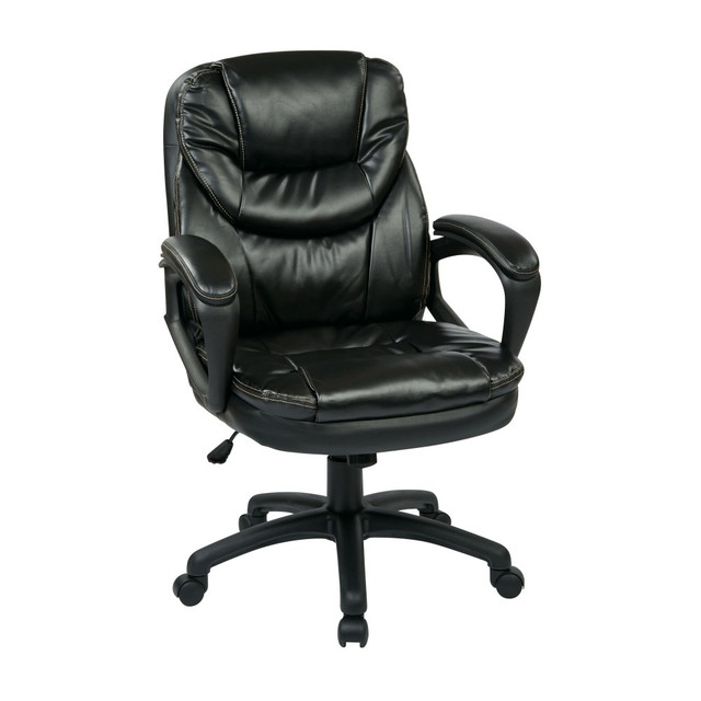 The stylish appearance of this chair adds a professional look to your office. The faux leather material helps keep you comfortable during long hours.  Overall Dimensions: 43 1/4inH x 25 1/2inW x 26inD.  Weight capacity tested to support 250 lb.  Lumbar feature supports your lower back and enhances the natural curve of your spine.  Faux leather seat helps you stay comfortable during long days at the office. High-back design gives you additional support and provides a professional feel.  Rugged nylon base creates a stable frame.  Pneumatic seat-height adjustment offers easy, 1-touch changes to the height.  Tilt adjustment lets you easily adjust the chairs angle. Locking function makes it simple to keep your most comfortable position.  Padded armrests help keep your hands at the proper level for typing.  Dual-wheel carpet casters that provide easy movement around your office.  Assembly required.  Faux Leather is a synthetic material. See specs for details.