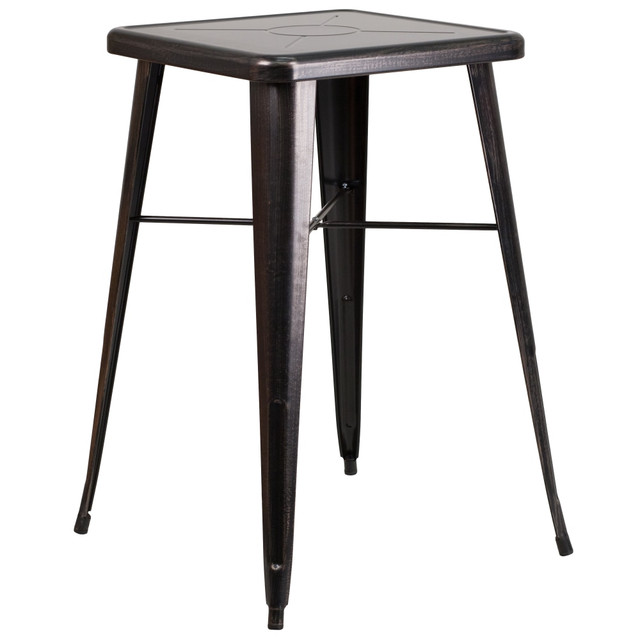Create a unique dining experience in your dining room, kitchen or restaurant with colorful metal bar tables.  Metal Cafe Bar Table  Top Size: 23.75in Square  Base Size: 27.75inW  2in Thick Edge Top  Powder Coated Frame Finish  Galvanized Steel Construction  Cross Brace provides extra stability  Protective Rubber Floor Glides  Designed for Indoor and Outdoor Use  Designed for Commercial and Residential Use