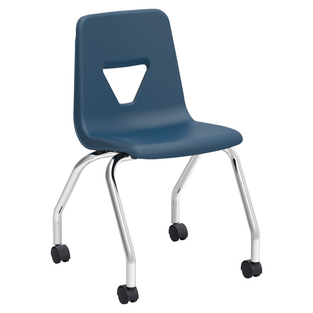 Mobile student chairs add color to your classroom and offer color-coding opportunities for learning stations and more. They are equipped with swivel casters for extra mobility in a classroom, computer lab or office setting. The four-leg base features the strength of heavy-gauge tubular steel with a chrome finish.  Extra mobility with swivel casters  Strong, 4-leg base for students in 5th-grade and higher  Easy-to-clean shell  Waterfall seat design for comfort  Overall Dimensions: 30inH x 18-1/2inW x 21inD.  GREENGUARD Gold certified  - certified for low chemical emissions: UL.COM/GG - UL 2818. Ranked in two tiers: Certified and Gold.  Less harsh chemicals - made with fewer harsh chemicals, or safer chemicals than typical alternatives, helping  reduce your use of and exposure to substances that may be more harmful to your health and the environment.  Contains Recycled Content - See Specs for Details.