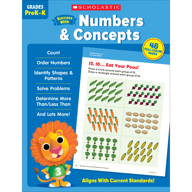 Help students learn important math concepts with a Scholastic Success With Numbers & Concepts workbook. Fun activities like mazes, hidden pictures, and more keep students engaged.  Incorporates key learning skills.  Provides targeted, motivating practice.  Includes more than 40 ready-to-reproduce pages.  Ideal for classroom or at-home use.
