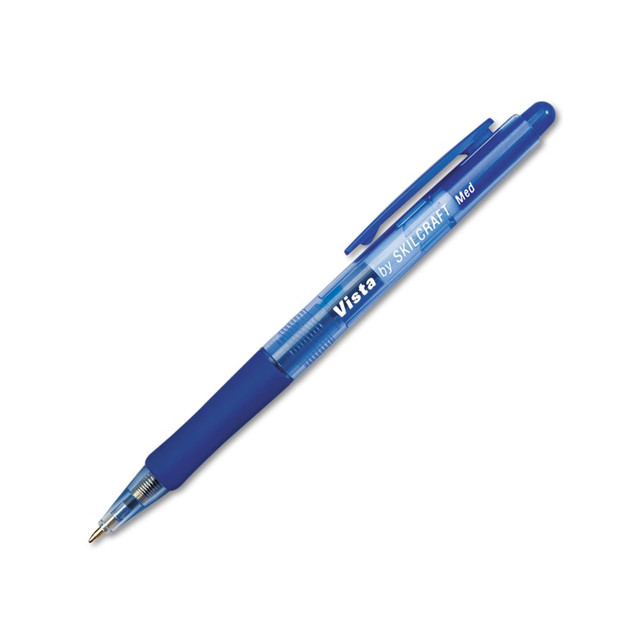 Make sure your message lasts with these AbilityOne pens. SKILCRAFT Vista pens have pocket clips and grips that match the ink color, so you can quickly find the 1 you need in your bag without having to test it out.  Safety clip retracts the tip when its pulled away from the pen to guard against stray marks.  Rubber grip cushions your fingers as you write.  Fade- and smudge-resistant ink glides smoothly over paper.  Includes 12 SKILCRAFT Vista medium-point pens in blue.  Refillable - designed to be used repeatedly, helping you avoid single-use disposables and potentially save money.