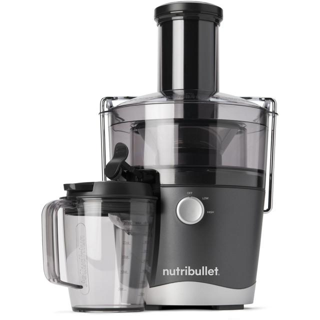Enjoy a variety of fruit and vegetable juices made with the Magic Bullet Nutribullet NBJ50100 Juicer. Utilize the feed chute to insert whole fruits with no chopping required.  Dual speed settings give you control over liquefying fruits and vegetables.  Feed chute reduces the need for slicing or dicing.  No-drip spout helps to ensure you don"t miss a drop.  Includes an 800W motor base, a 1.5-liter pulp basin with a 3in wide feed chute, a stainless steel sieve, 27 oz juice pitcher, sealing lid with froth separator, food pusher, cleaning brush and user guide with recipes.  Dishwasher safe components.  Backed by the manufacturers 1-year limited warranty.