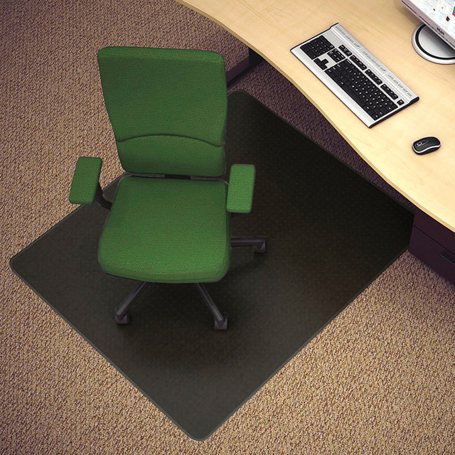 If you want to protect your hardwood floors from rolling casters, look no further than this dependable vinyl chair mat. The Deflect-O chair mat covers hard floors to enable a full day of work again and again without causing unnecessary damage, and the top is textured to help prevent scratching from chair legs.  For hard floors.  Durable vinyl with a textured top.  Hard rolling surface.  Black chair mat measures 45in x 53in.  Contains Recycled Content - See Specs for Details.