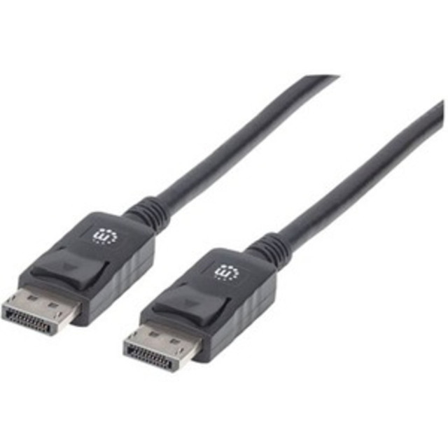 High-definition performance for personal computing. Manhattan DisplayPort Cables provide a single-cable solution that delivers both high-definition digital audio and video signals between desktop and notebook computers and an output device. With 21.6 Gbps bandwidth (HBR2), Deep Color and 24-bit, 8-channel uncompressed audio capability, the 20-pin connector is small, compact and ideal for use with DisplayPort-equipped computers, flat-panel displays, slim-profile devices and many consumer electronics including Blu-ray players and game consoles. Full foil and braided shielding, molded boots with strain relief, protective PVC jackets and gold-plated connections help Manhattan DisplayPort Cables provide maximum conductivity and clear, crisp signal transmissions with reduced EMI interference and distortion.   Supports HDMI and DVI signal passthrough  Lifetime Warranty  Fully shielded to reduce EMI and other interference sources  DisplayPort 20-pin male to DisplayPort 20-pin male latching connections  Delivers high-bandwidth, digital audio/visual signals from PC to display and other DisplayPort-enabled devices - up to 4K@60Hz resolution  Molded PVC boot  Plug and play for box-to-box applications