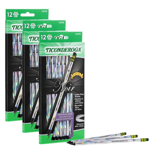 Designed with stained black wood, these Ticonderoga Noir Pencils offer a stylish look that sets them apart. The graphite cores deliver smooth lines, while the built-in erasers let you quickly correct mistakes.  Made from premium stained black wood to provide a bold look.  Graphite core formula for smooth writing performance.  Built-in latex-free eraser allows you to make corrections without smudges.  Comes with 3 packs, each of which features 12 pencils with holographic designs.  PMA certification for pencils signifies that pencils are free from harmful levels of toxic substances. For detailed information see www.pencilsandpens.org/pencil_certification_program.php.