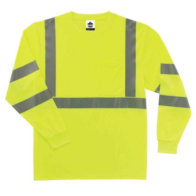 Let this Ergodyne GloWear long-sleeve T-shirt help you stay safe on the job. From road work to construction, this breathable, sweat-wicking shirt provides protection and all-day comfort.  Designed to help you stand out in low-visibility areas.  Made of breathable polyester knit.  Moisture-wicking treatment helps keep you dry and comfortable.  UPF 30+ protection safeguards your skin from harsh sun rays.  Chest pocket holds pens and other small items.  Reflective detailing provides safety.  Meets ANSI standards.