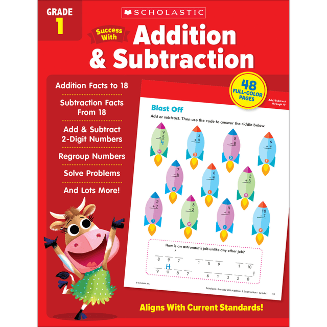 Choose the Scholastic Success With Addition & Subtraction Workbook to help children learn key concepts in the classroom or at home. The workbook offers 48 pages with interactive lessons that are sure to excite young minds.  Helps reinforce important math concepts, including addition, subtraction, problem solving, regrouping and more.  Targeted practice materials help inspire student success.  Contains 48 full-color, ready-to-reproduce pages with engaging activities.