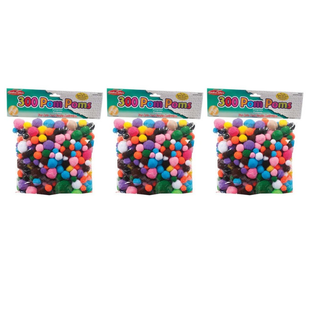 Perfect for making dolls, ornaments or wherever your creativity takes you.  Pom-poms are crush resistant. Helps them last longer.  Brightly colored and soft. Great for children.  Comes with 3 packs of 300 pom-poms in assorted sizes and colors.
