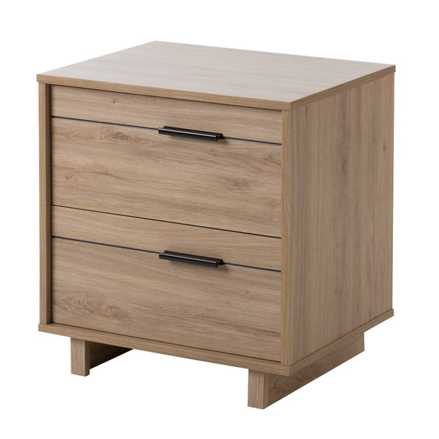 Create a bedroom thats as cozy as it is modern with the South Shore Fynn 2-Drawer Nightstand. This accent table is sturdy enough to hold a lamp and alarm clock on top as well as your favorite evening reads inside the smooth-gliding drawers. The contemporary design is accented with elegant details like metal drawer pulls and a sleek, symmetrical silhouette, so your bedroom feels like the stylish sanctuary of your dreams.  Made with particleboard.  2 drawers with metal pulls.  Smooth-gilding metal rails.  Coordinates with other items from the South Shore Fynn collection (sold separately).  Assembly required.