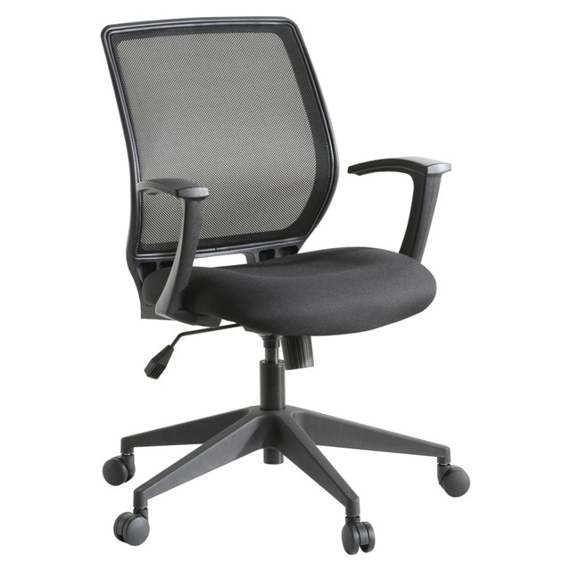 Minimize distractions with an office chair that keeps you comfortable throughout each workday. The adjustable features of the Lorell Mid-Back Office Chair make it easy to find an ideal position for collaborating with colleagues and surfing the Web at your desk, and the chair allows you to maneuver smoothly thanks to the swiveling seat and dual-wheel casters. Designed with a breathable back and contoured seat, this mesh office chair looks as good as it feels.  Weight capacity tested to support 275 lb.  Mesh back and contoured seat with fabric upholstery.  Pneumatic seat-height adjustment.  Adjustable tilt tension with tilt lock.  360 deg. swivel.  Fixed arm rests.  5-star base with dual-wheel casters.  Assembly required.  Lorell mesh-back office chair looks stylish in black.  Tested to meet ANSI/BIFMA Performance Standards - Manufacturer testing has been conducted on this product to meet specific performance requirements and safety standards set forth by the American National Standards Institute (ANSI) and the Business and Institutional Furniture Manufacturers.