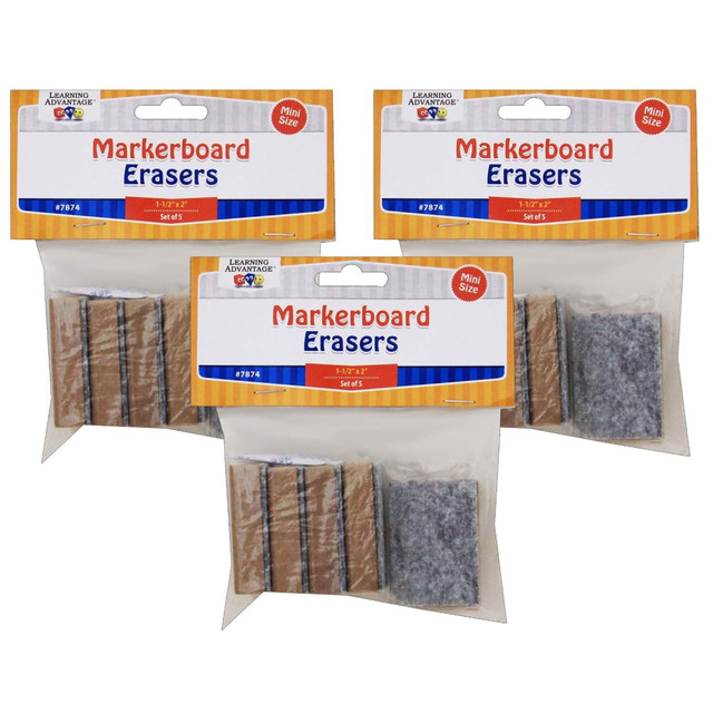 Great for students to use for classroom activities!  Erasers for dry-erase materials.  Each eraser measures 2in x 1.5in x .5in.  Each set includes 5 erasers. Sold as 3 sets for a total of 15 erasers.