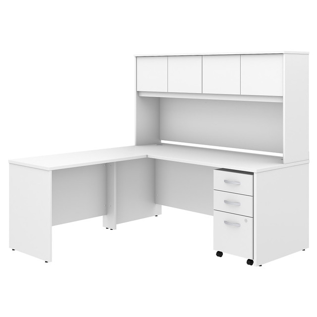 Choose the Studio C L Shaped Desk with Hutch for a classic commercial-grade design that works with you for years and a contemporary finish that looks great in the modern office. The Hutch conveniently stores supplies, books and more, while the Mobile File Cabinet rolls with you throughout your office or remains in place as needed on any surface.  Bundle includes: 72inW x 30inD Office Desk, 42inW Desk Return, 72inW Hutch, 3 Drawer Mobile File Cabinet.  Assembled Dimensions: 71inW x 71inD x 65 6/7inH  Thermally fused laminate finish fends off scratches and stains to protect the office furniture set.  L Shaped Desk surface offers space to spread out and integrated cable management to conceal computer cords.  Return attaches to either side of Desk to form a left or right-handed L Shaped layout for your comfort.  Desktop weight capacity tested to support 200 lb.  4 Hutch doors provide plenty of storage room and include self-closing Euro-style hinges.  Mobile File Cabinet locks to secure your letter, legal and A4 size paperwork with a file drawer gliding on smooth full-extension ball-bearing slides.  Mobile File Cabinet includes 2 box drawers with 1 file drawer and rolls wherever you need it.  File drawer weight capacity tested to support 37 lb.  Available in your choice of several contemporary and traditional finishes to fit any work environment.  Commercial quality backed by the Bush Business Furniture 10-Year Manufacturers Warranty. For additional information, please visit: www.bushbusinessfurniture.com/ReturnsExchanges  Assembly Required.  Standard Delivery Service. Furniture is delivered unassembled.  Tested to meet ANSI/BIFMA Performance Standards - Manufacturer testing has been conducted on this product to meet specific performance requirements and safety standards set forth by the American National Standards Institute (ANSI) and the Business and Institutional Furniture Manufacturers.  This product is heavy and/or oversized and may need more than one person to handle.