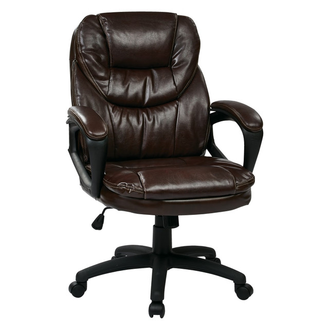 The stylish appearance of this chair adds a professional look to your office. The faux leather material helps keep you comfortable during long hours.  Overall Dimensions: 43 1/4inH x 25 1/2inW x 26inD.  Weight capacity tested to support 250 lb.  Lumbar feature supports your lower back and enhances the natural curve of your spine.  Faux leather seat helps you stay comfortable during long days at the office. High-back design gives you additional support and provides a professional feel.  Rugged nylon base creates a stable frame.  Pneumatic seat-height adjustment offers easy, 1-touch changes to the height.  Tilt adjustment lets you easily adjust the chairs angle. Locking function makes it simple to keep your most comfortable position.  Padded armrests help keep your hands at the proper level for typing.  Dual-wheel carpet casters that provide easy movement around your office.  Assembly required.  Faux Leather is a synthetic material. See specs for details.