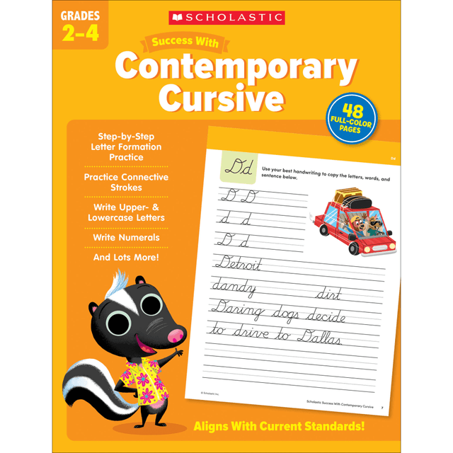 Encourage students to practice their handwriting with a Scholastic Success With Contemporary Cursive workbook. Activities include step-by-step letter formation, writing upper- and lowercase letters, writing numbers, short paragraphs and more.  Incorporates key learning skills.  Provides targeted, motivating practice.  Includes more than 40 ready-to-reproduce pages.  Ideal for classroom or at-home use.